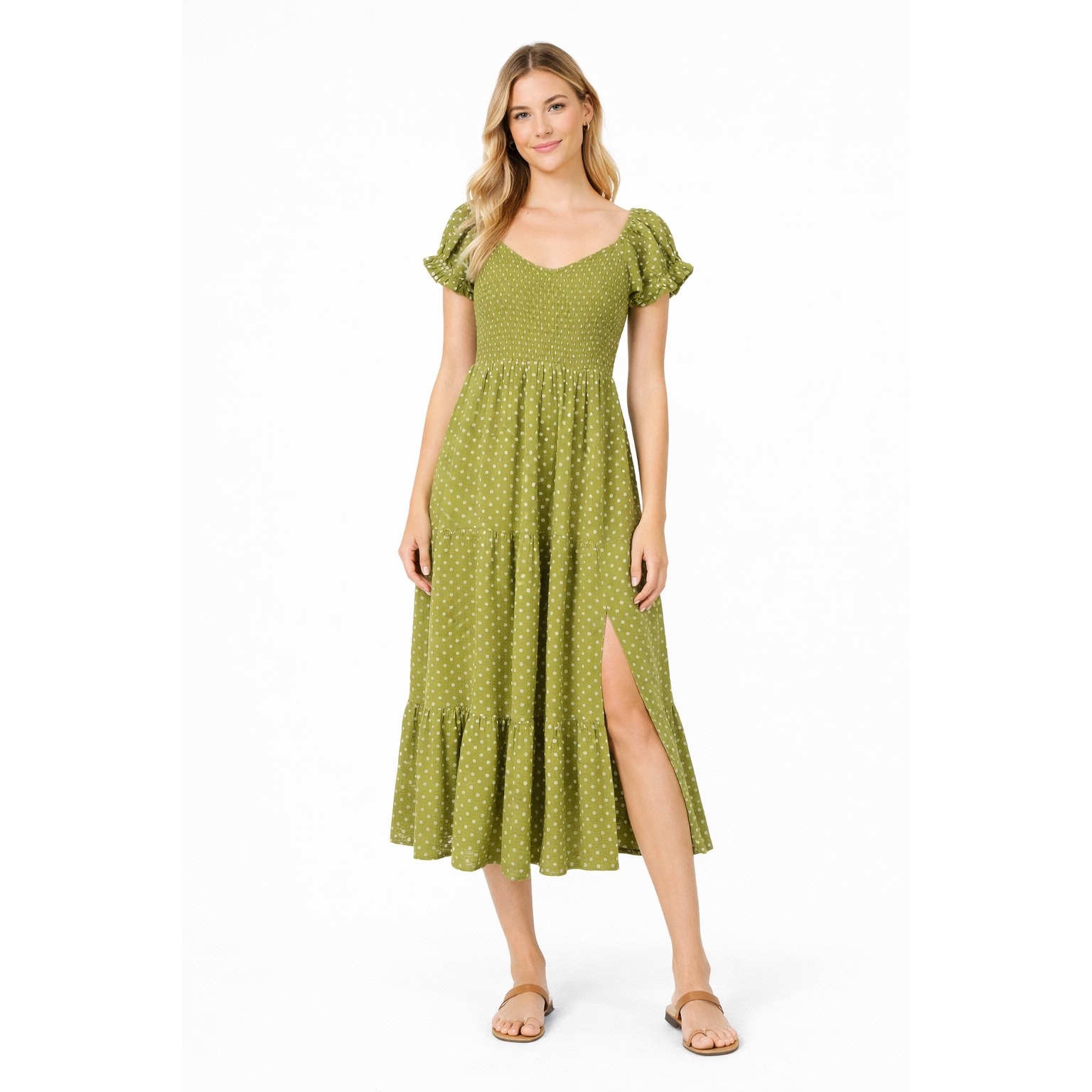 O.P.T Smocked Polka Dot Midi Dress Size S Green Cotton Gauze Spring Milkmaid